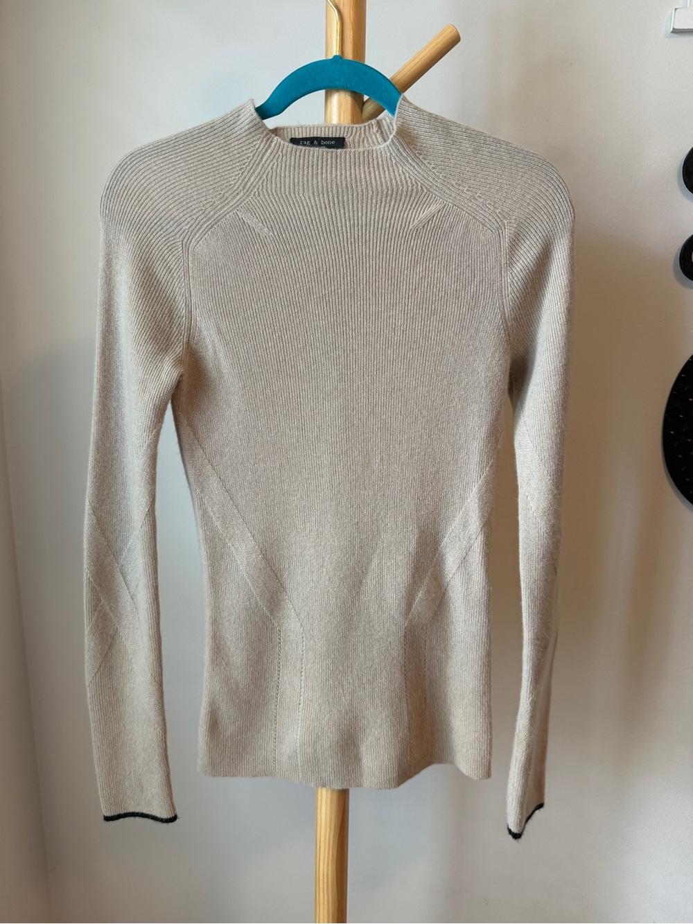 Rag & Bone Ribbed Cashmere Sweater Size Small Beige Mock Neck Long Sleeve Top